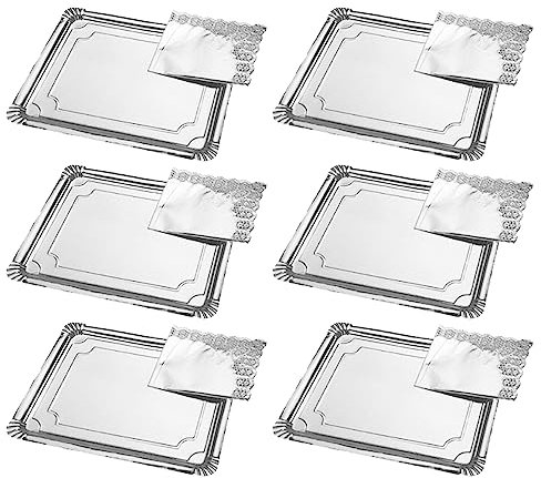 Acan Tradineur - Pack de 6 Bandejas con blonda Rectangular - Especial para Fiestas o Celebraciones - Material reciclable - 25 x 34 cm - Color Plata