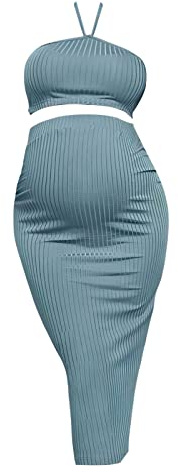 MMOOVV Ensemble haut côtelé à bretelles et jupe crayon pour femme enceinte Grande taille, bleu clair, S