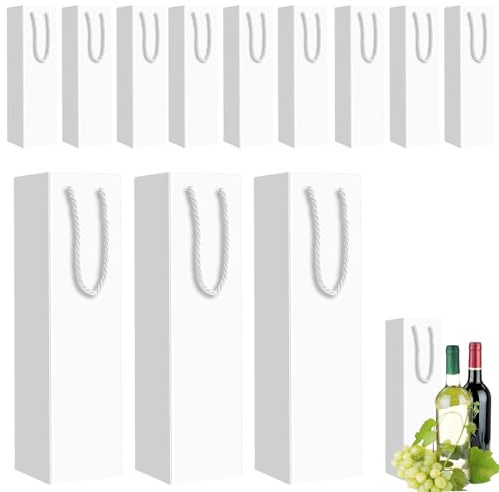 Kraftpapper vinflaskväskor med starka rephandtag, 12-pack vita flaskväskor för vin, whisky, champagne, återanvändbar vinpåse enkel vinflaska presentpåsar för jul bröllop födelsedagsfest
