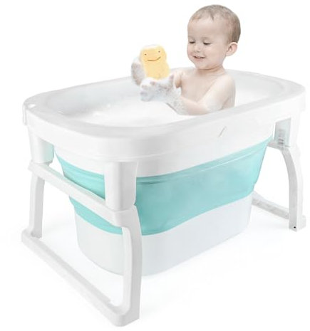3 en 1 Bañera Plegable de Bebe de 0 a 8 Años, Bañera con Tapón de Drenaje, Capacidad de Carga de 50 KG-Baño Portátil para Niños, Antideslizante y Cómodo-72 * 51 * 42cm-azul