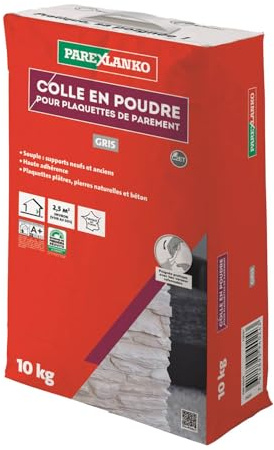 PAREXLANKO - Colle en poudre pour plaquette de parement - Gris - Plaquettes en plâtre, pierres naturelles et béton - Murs intérieurs sur supports neufs et anciens - 10kg