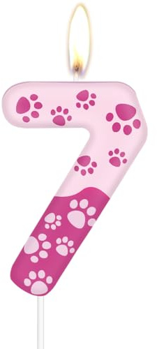 mciskin Velas de cumpleaños con temática de pata de perro rosa, decoraciones de 7º cumpleaños para niña y niño, velas rosas con número 7 para pastel, decoración de pastel con estampado de pata de