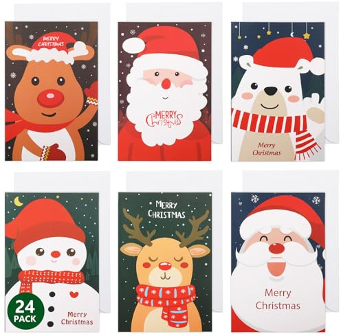 Hianjoo 24 Cartoline di Natale, 20 x 15 cm Biglietto di Auguri di Natale con Buste Carta Regalo di Capodanno Vuota fai-da-te per Marito Moglie Madre padre Bambini Amanti Amici, Cartone Animato