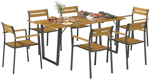 Outsunny 7 Piece Garden Dining Set, Fir Wood Garden Furniture Set with Rectangle Table and 6 Stackable Chairs, Umbrella Hole, Slatted Top and Steel Frame, for Patio Balcony Porch, Brown
