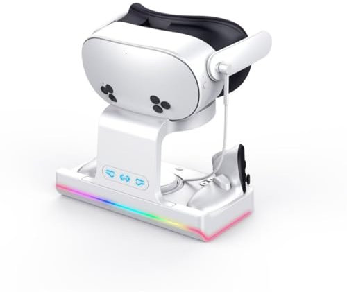 Zoelele Base de Carga Rápida para Meta Quest 3S, Estación para Casco, Mandos y Correa Elite, con Luces RGB y 2 Baterías Recargables, Cargador Magnético para Quest 3S VR Accesorios