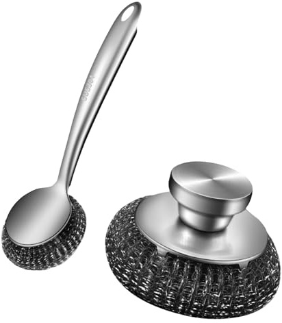 Limpiador de platos de metal con mango ergonómico, juego de cepillos de metal para hornos y herramientas de limpieza de estantes, ollas y sartenes