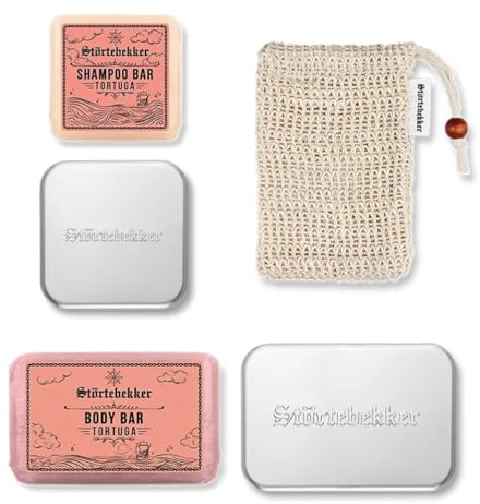 NYHET: Störtebekker Premium duschset Hair & Body | 2x fast schampo & 2 x fast duschgel Tortuga för män och kvinnor | inklusive tvålburk & sisalväska | vegansk och handgjord