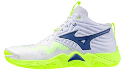 Mizuno Wave Momentum Elite Mid, Scarpe da Pallavolo Unisex, Bianco Blu Giallo Fluo, (Bianco, Sistema Taglie Calzature EU, Adulto, Uomo, Numero, Media, 42.5)
