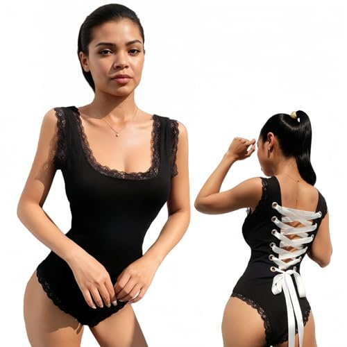 SamHeng Sleeveless Lingerie Bodysuit for Women Sexy Lace Wrap Back Leotard | High Leg Leotard Tops U Neck Body Suits with Snap Closure Slim Fit Jumpsuit Sexy Going Out Tops Clubwear Night Outfits
