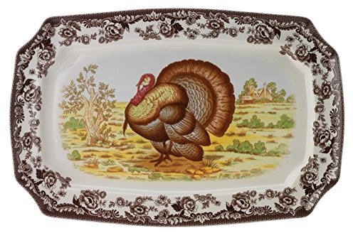 Spode Woodland Turkey Rectangular Platter – 17.5 Inch Fine Porcelain Serving Tray from the Woodland Turkey Collection, Microwave, Dishwasher & Warm Oven Safe – Holiday Tableware Made in England
