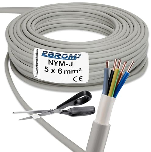EBROM Câble gainé NYM-J NYM-J 5 x 6 mm² - Câble d'installation pour pièces humides - Gris - Au choix par incréments de 5 mètres jusqu'à 50 m, votre choix : NYM-J 5 x 6 mm², longueur : 25 m