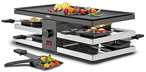 Spring FUN Raclette 8 Personen Schwarz, Tischgrill elektrisch, Antihaftbeschichtete Alu-Grillplatte, 8 Raclette Pfännchen & Raclette Schaber, Abstellebene, 47×24×15 cm, 1300W, Raclette Grill