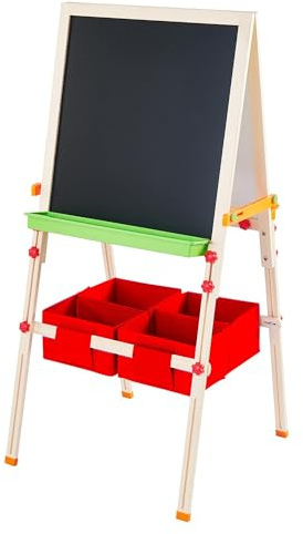Teamson Kids 3 in 1 Multi Functional Kids Magnetic Art Easel, Red | Whiteboard & Chalkboard, 5 pcs Accessories