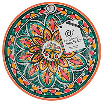 CERÁMICA RAMBLEÑA | Plato Decorativo para Colgar en Pared | Plato de cerámica | Rojo-Verde-Amarillo | 100% Hecho a Mano | 21x21x4 cm