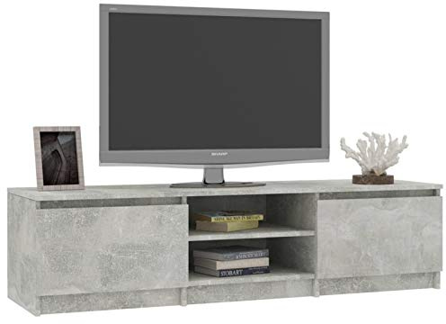Mobile Porta TV, design moderno con 2 ante e 2 scomparti aperti, 140 x 40 x 35,5 cm, in legno multistrato grigio cemento, per soggiorno e salotto