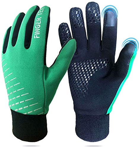 Kids Cycling Gloves Winter Full Finger Warm Touchscreen Running, Boys Girls Glove Grip Liner Thermal for School Sport Snow Windproof Waterproof Anti-Slip (Green, M)
