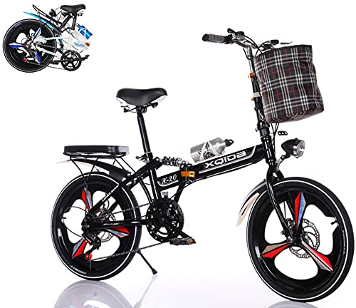 20-inch folding bike,adult teenager folding bikes 6-variable speed Before after Double shock absorption with lights and basket/Shipment from German warehouse/Color: red/black/white/beige (Black, 20in)