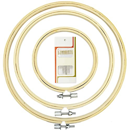 3 Stück 3 Größen runder Bambus-Stickrahmen Kreis Kreuzstich Hoop Ring zum Basteln Nähen, mit Goldöhr-Sticknadeln, LAMXD Stickrahmen