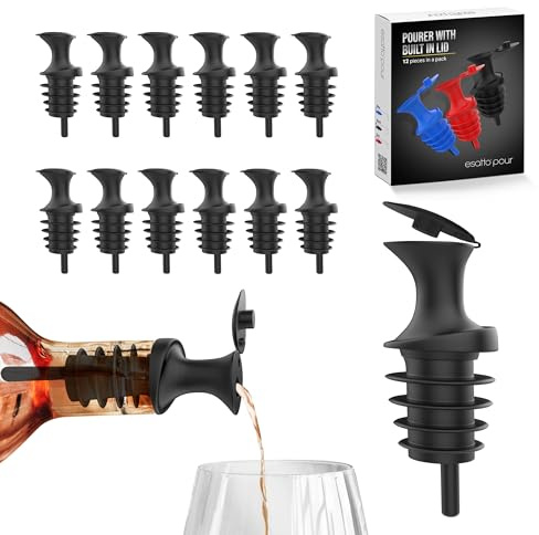 Esatto Pour and Seal, Plastic Bottle Pourers With Built In Lid – Easy and Precise Pouring, Lid for Storing and Healthy Practices, Professional Bar Tool, Pack of 12 Pieces Wine Stopper Pourer (Black)