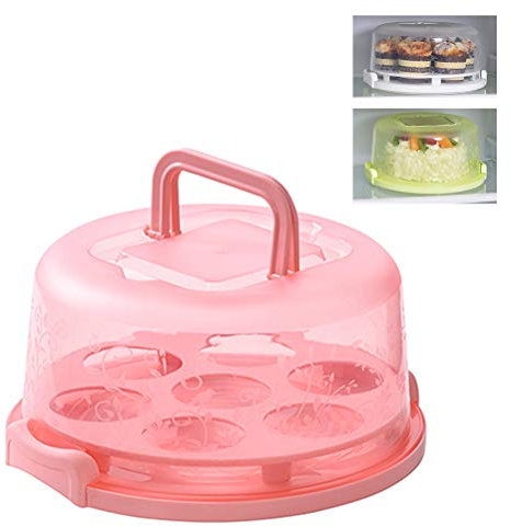 HEEPDD Porta Torta Rotondo con Coperchio per il Trasporto, Contenitore per Cupcake, Rosa