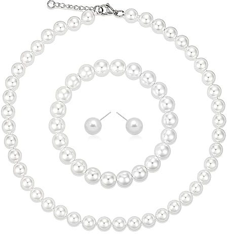 Collana Di Perle Da Uomo 8 mm, 18 Pollici - Perle Finte Bianche Per Donna - Include Bracciale e Orecchini