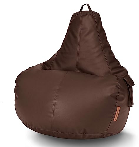 Green Bean Sitzsack aus Kunstleder mit EPS Perlen Füllung - 90 x 80 x 70 cm - Bean Bag Sitzkissen Sitzpuff Sitzsessel Bodenkissen Lounge Gaming Chair Rückenlehne - Dunkelbraun