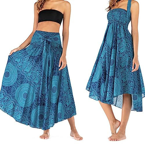 cailiya 1Pcs Retro Maxi Gonna Lunga,Sciolto Gonna fluente Festa in Spiaggia,Boemia Capestro Abito Spiaggia 2 in 1 Gonne da Mare Grande Danza del Ventre Casual (Blu)