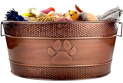 BREKX Indestructible Metal Dog Toy Bin - Copper Galvanized Storage Bin with Handles, Puppy Basket for Dog Storage, Blankets, & Leashes, Paw Pet Toy Box (25-Quart)