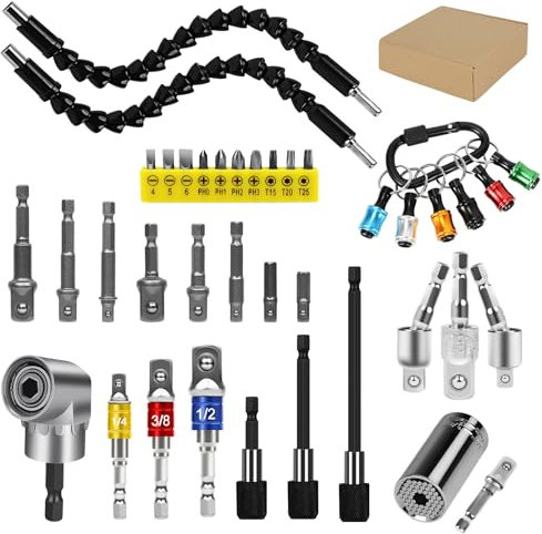 GALLIA Flexible Drill Bit Extension Set 38Pcs, Right Angle Drill Attachment, Rotatable Joint Socket 1/4 3/8 1/2 Inch Hex Socket Adapter, Bits Holder and Screwdriver Bit Kit with a Box (Colorful)