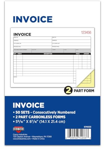 COSCO 2-Part Carbonless Invoice Book with Wrap-Around Cover, Consecutive Numbering, 50 Sets per Book (074033)