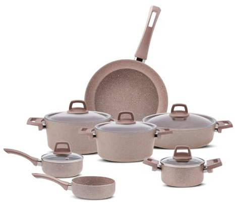 Karaca Bio granit kokkärl set med lock – 12 delar grytor och stekpannor set non-stick – 5 krukor med 5 glaslock och 1 granitstekpanna och 1 kastrull matlagnings set – PFOA-fritt kök (roséguld)