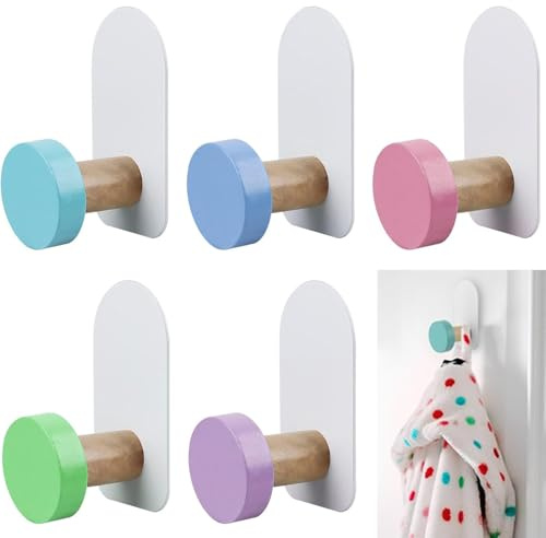 Luxiremi Lot de 5 crochets adhésifs colorés, crochets autocollants de suspension, crochets pour serviettes, crochets adhésifs pour enfants, pour serviettes, vêtements, clés et chapeaux.