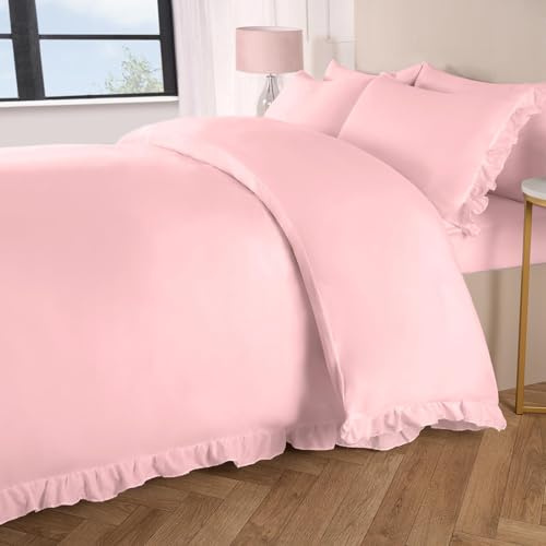 OHS Double Duvet Covers Frill, Microfibre Double Bedding Quilt Covers Bed Set with Pillowcases Quilt Cover Luxury Super Soft Comfy, Blush Pink