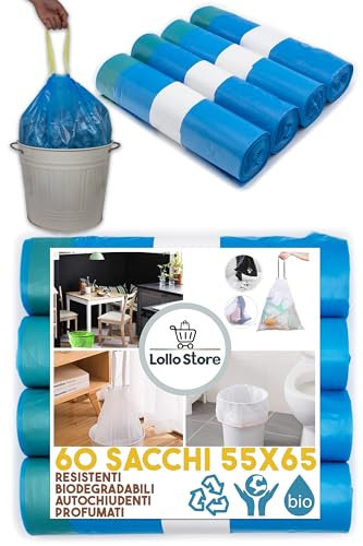 Lot de 60 sacs poubelle 55 x 65 cm bleu, parfum talc, 40 litres anti-odeurs avec poignées tire et fermer, sacs poubelle pour collecte différenciée, sacs poubelle en haute densité en polyéthylène