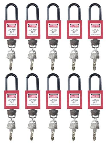 10 candados Lockout, 38 mm de nailon de seguridad con llave, candado de bloqueo para estaciones y dispositivos Lock Out Tag Out (rojo)