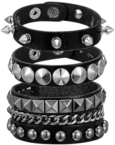 FENGCHUANG 5 Stücke Punk Rock Lederarmband, Schwarz Gothic Schmuck, Leder Band Nietenarmband, Gothic Armreif mit Kette Rock, für Party/Konzert/Cosplay