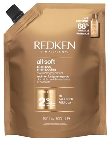 Redken Haarshampoo für trockenes und brüchiges Haar, Belebt und hydratisiert, Mit Omega-6 und Argan-Öl, All Soft Shampoo, 1 x 500 ml Nachfüllpack