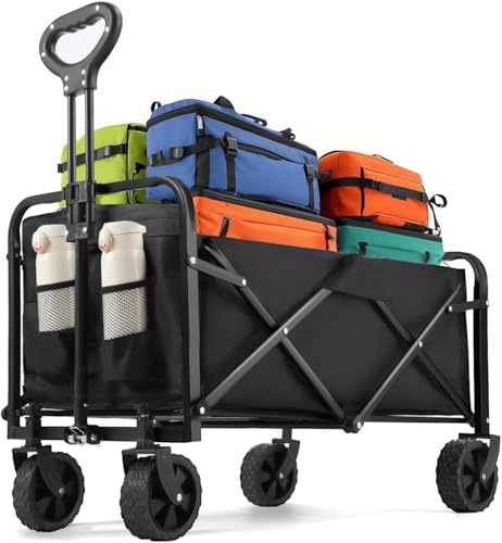 Chariot Pliable a Roulette, Capacité de Charge 75kg, 100L, Chariot de Courses Pliable avec 2 Porte-gobelets et Poignée Réglable, roulettes Pivotantes à 360°, pour Camping, Plage, Shopping (Noir)