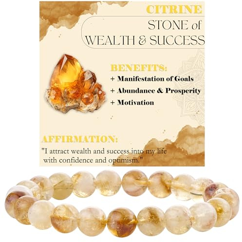 Bivei Citrino - Riqueza & éxito - Pulsera de Cuentas Para Las Mujeres 8mm Piedra Semipreciosa Natural Stretch Cristal Elástico Joyería Yoga Regalos Pequeño
