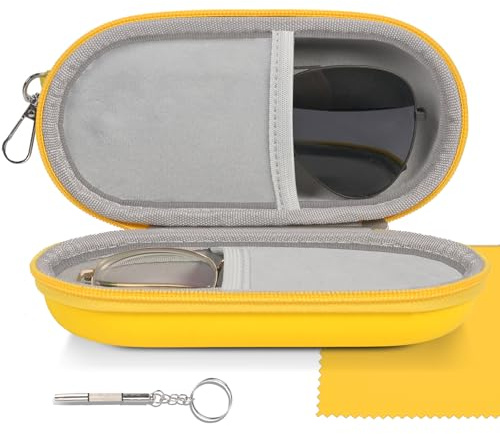 popolov Double Glasses Case,Dual Eyeglasses & Sunglasses Organizer with Clip Zipper Closure for Travel 2 Pairs Storage Box Yellow