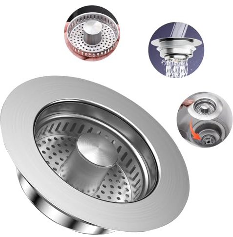 Stöpsel für Spülbecken, Abflusssieb Küchenspüle, Tiefe > 40 mm, Spülbecken Bohrung 71-85mm, 3-in-1 Pop-Up Edelstahl Abflussstopfen