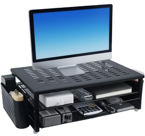 Halorin Supporto per monitor, organizer da scrivania con cassetto e 2 portapenne, rialzo per monitor, 48,5 x 25 x 15 cm, con passacavi, per laptop, computer, notebook, PC (nero)
