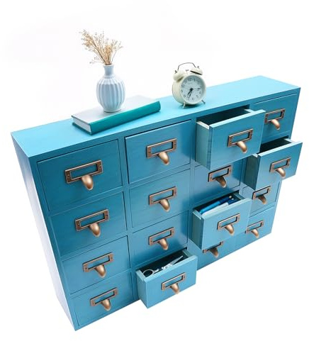 ZHDPYHDD Armario farmacéutico con 16 cajones, mini cómoda de madera, organizador de escritorio vintage para el hogar, oficina, almacenamiento para joyas, medicamentos, color azul