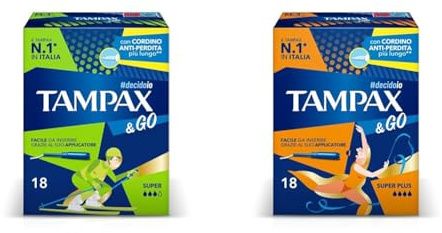 Tampax & Go Super e Super Plus, 72 Assorbenti Interni con Applicatore in Plastica, presa antiscivolo, doppio cordino Protettivo, ginecologicamente Testati, per Flusso Abbondante e molto abbondante