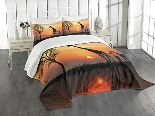 ABAKUHAUS Afrika Tagesdecke Set, Giraffe im Wilden Wald, Set mit Kissenbezug Kein verblassen, für Einzelbetten 170 x 220 cm, Orange Schwarz