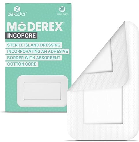 Moderex Medicazione adesiva per ferite, garza traspirante con cuscinetto centrale antiaderente (9 x 15 cm x 25)