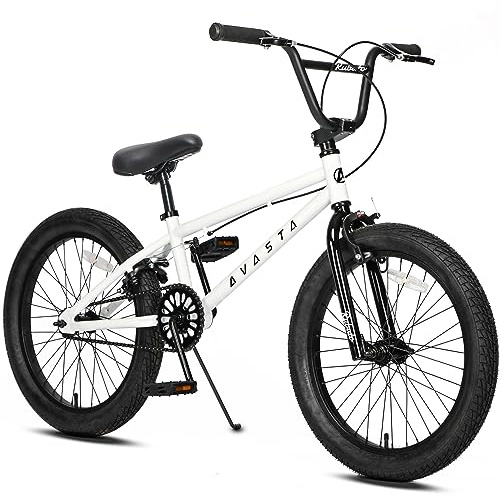 AVASTA 20 Pulgadas Freestyle niños BMX Bicicleta para 6 7 8 9 10 11 12 13 14 años niños niñas jóvenes Adultos y Principiantes Jinetes con 4 Peg, Blanco