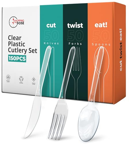 Pack of 150 Heavy Duty Reusable Clear Plastic Cutlery Set (50 Spoons,50 Forks,50 Knives) Durable & Sturdy Party Cutlery Set Perfect for Weddings, Parties, Camping, BBQs & All Occasions