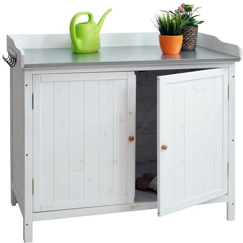 Mendler Gartenschrank mit Arbeitsplatte HWC-L69, Pflanztisch, Outdoor Tanne Holz FSC®-Zertifiziert 86x104x52cm - weiß