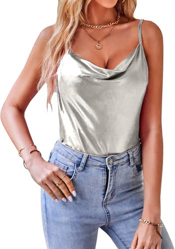 VIDUSSA Damen Funkelnde Tops Glitzer Oberteile Ärmellose Blusen Sommer Tank Shirt Spaghetti Camisole Tops Silber L